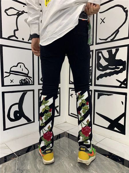 

2020 new leisure men's wear badge tears stretch black jeans fashion designer slim fit washed motorcycle jeans panel slim fit hip hop pa, Blue