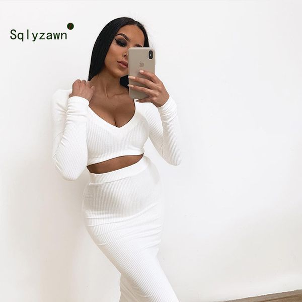 

women party sets 2019 winter long sleeve crop and long pencil skirt set female two piece outfits white elegant matching sets