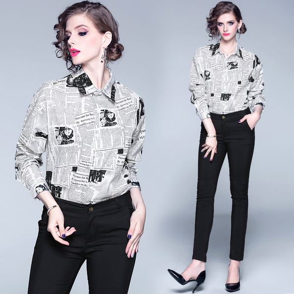 

plus size ladies casual loose newspaper printed art shirts long sleeve new 2020 runway fashion women button lapel neck designer blouses, White