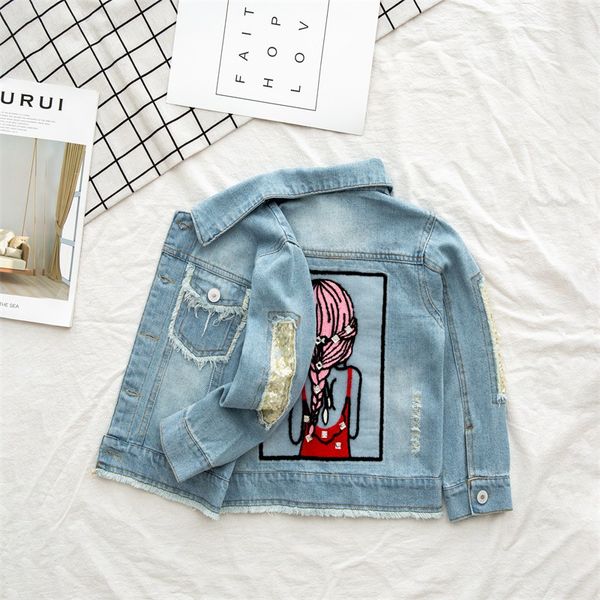 

spring girl sequins denim jacket beauty girl trench jeans coats windbreaker blazer kids clothing toddler baby casual outfits, Blue;gray