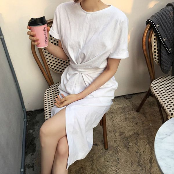 

2020 summer new cool cotton linen korea chic bow bandage short sleeve casual womens simple girl female dress dresses e064, Black;gray