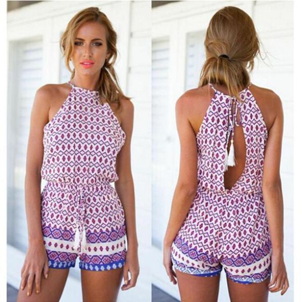 

la maxza lace up halter sleeveless playsuit beach printing backless rompers womens jumpsuit sashes summer bohemian overalls, Black;white