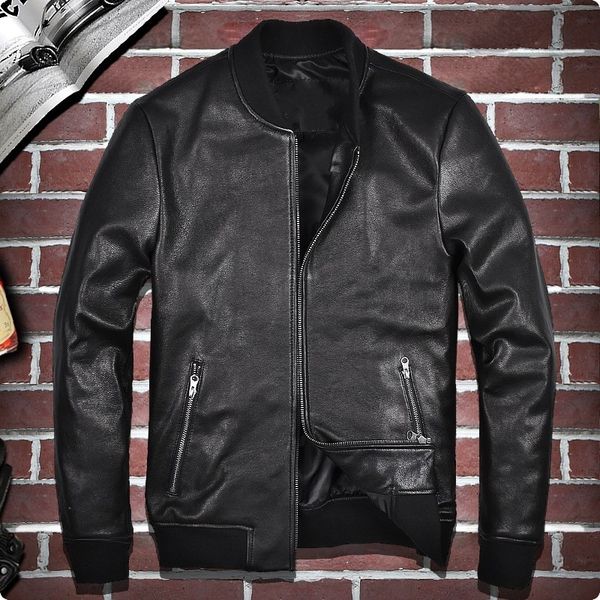 

korean style spring fashion mens sheepskin genuine leather jackets zipper coat for male jaqueta couro masculina motoqueiro, Black