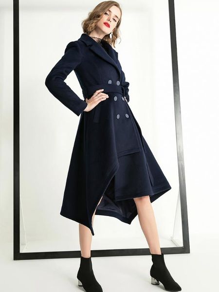 

women's new look fashion online clothing store navy blue wool and blends irregular wave winter coat, Black