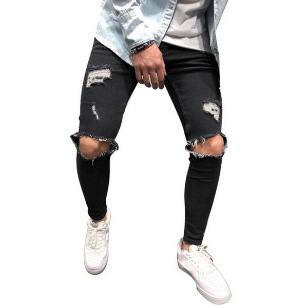 

ripped jeans fashion man hole pencil jeans cowboy pants tight for men denim skinny male trousers men clothing s-4xl, Blue