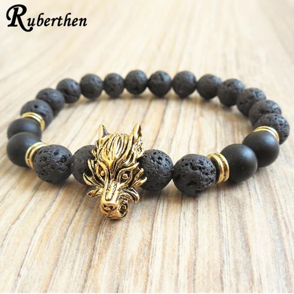 

ruberthen new design wolf head men`s bracelet dragon vein agates bracelet matte black onyx lava stone