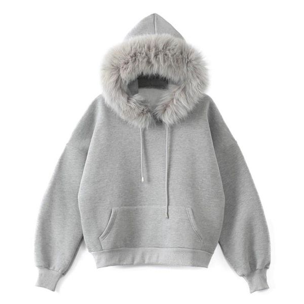 

new fashion winter casual women hoodies fur collar sweatshirts solid long sleeve light gray pullovers loose hooded female, Black