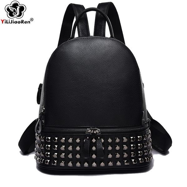 

fashion rivet women backpack brand genuine leather backpack purse large capacity school bag bookbag designer simple back pack t200511