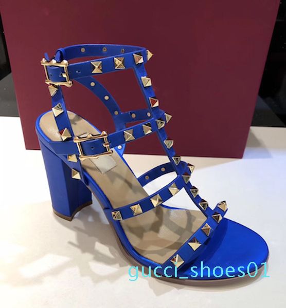 

women leather stud sandals t-strap sandal summer high heels rivets shoes ladies party shoes 6.5cm 9.5cm 15color with box g011, Black