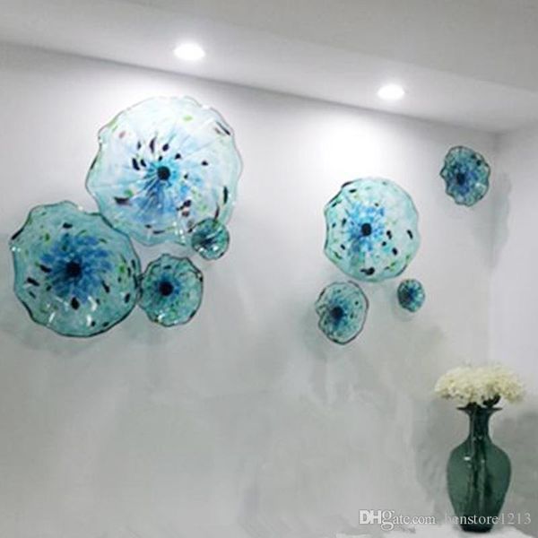 

italian style murano flower glass plates wall arts blue color luxury 100% hand blown glass hanging plates scallop edges shape