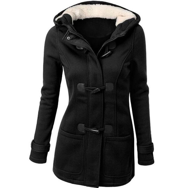 

2019 fashion women windbreaker coat brief hooded button outwear warm wool slim long coat pocket trench jacket, Black