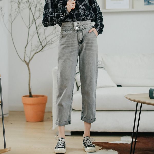 

2019 korean new women's clothing high waist was thin wild straight jeans loose double button old pants nine points harem pants, Blue