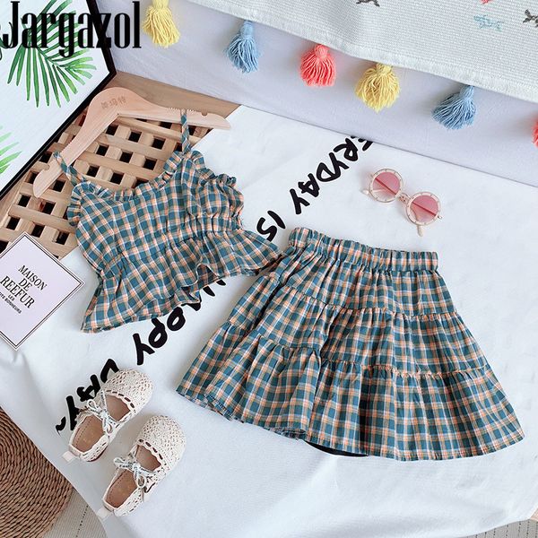 

summer kids clothes korean fashion plaid suspenders skirt cute little girls clothing set cute children ruffle outfits t200707, White
