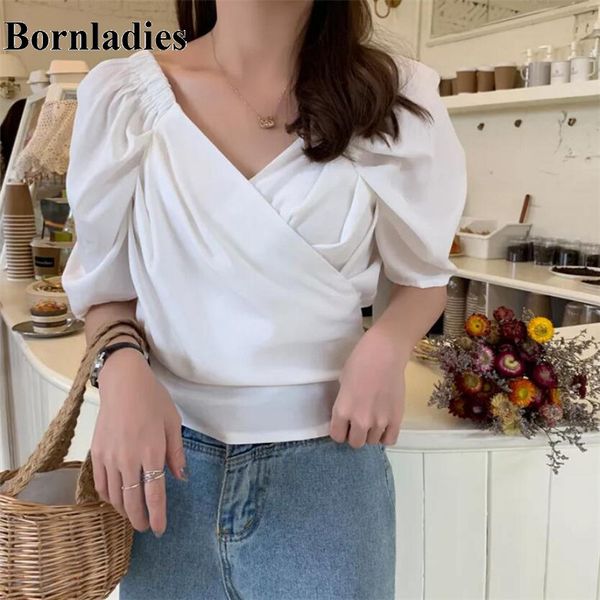 

bornladies solid office lady cross summer all match stylish women high waist puff sleeves shirts gentle feminine blouses, White