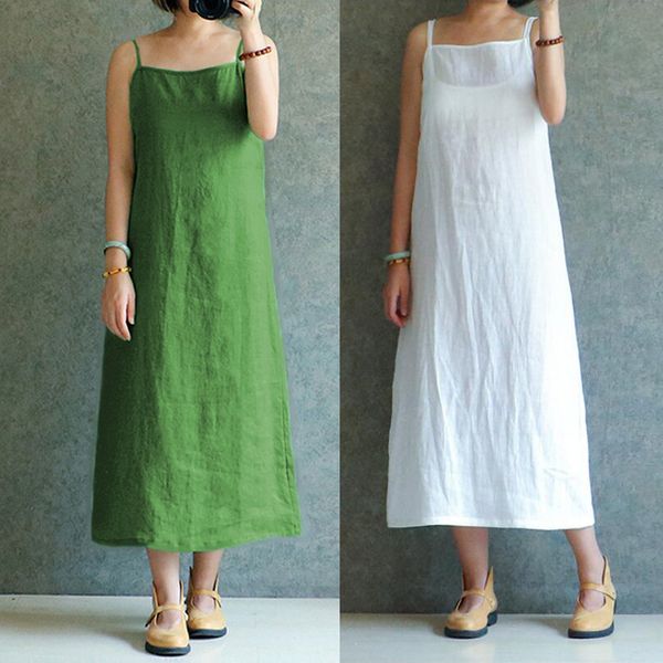 

celmia summer retro linen dress women spaghetti straps casual loose midi dresses solid beach sundress vestidos plus size, White;black