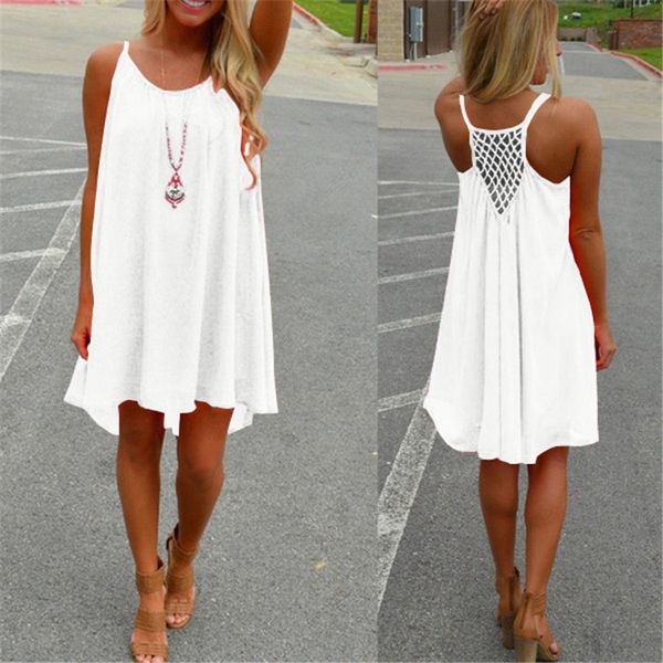 

hollow out loose mini dress women clothes 2019 summer spaghetti strap beach white pink chiffon casual boho dress plus size, Black;gray