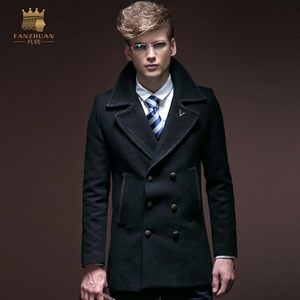 

hipping new fashion casual male men's long-sleeved winter thick double breasted coat business 14023 fanzhuan on sale, Black