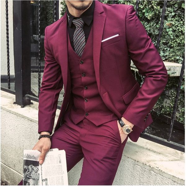 

2019 burgundy red men tailored made slim fit suit men business wedding party suits 3 pieces terno masuclino jacket vest pant, White;black