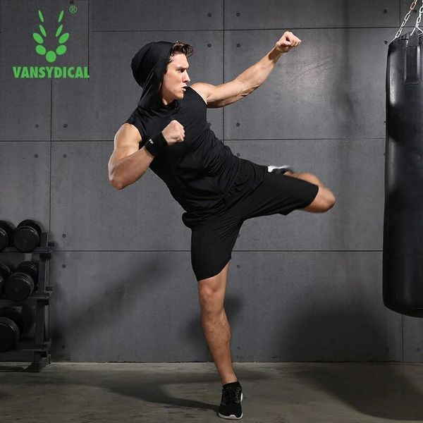

vansydical mens compression running sets tights sports suit men fitness shirt shorts set workout tracksuits gym sportswear suits, Black;blue