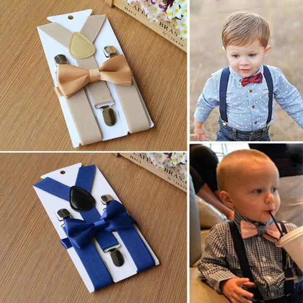 

3 clips y back kid brown tan leather suspender and bow tie ring bearer bowtie set birthday outfit adjustable high quality, Black;brown