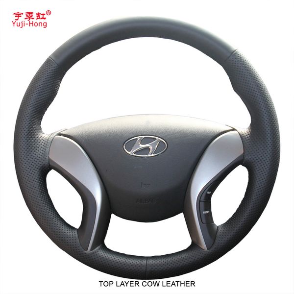 

yuji-hong layer genuine cow leather car steering wheel covers case for elantra 5 avante i30 2013-2015 black cover