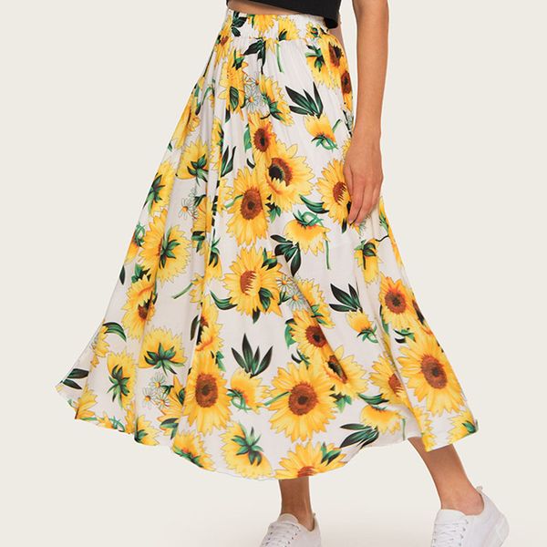 

summer new half-length wholesale bohemian printed elastic waist a word big swing skirt beach skirt, Black