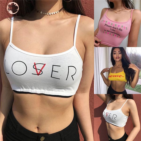 

женщины моды strappy camis хлопок письмо дамы sexy summer tops tank top короткие crop топы тис печать, White