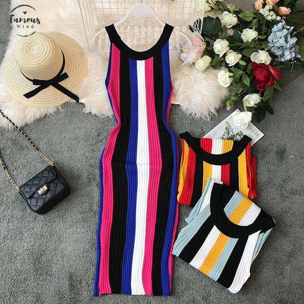 

fashion striped women dresses 2020 spring summer robe femme bodycon sweater dress sleeveless stretch knitted vestidos designer clothes, Black;gray