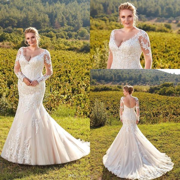 

2019 lace plus sizes mermaid wedding dresses deep v neck tulle applique long sleeves court train wedding bridal gowns robe de mariée bc1267, White