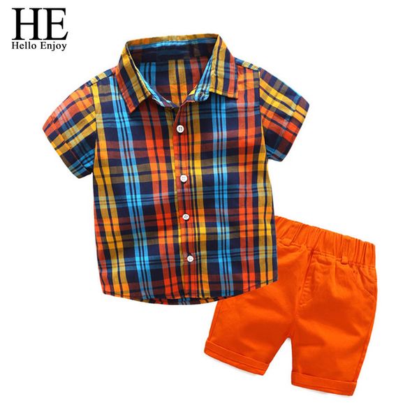 

he hello enjoy children clothing boys summer clothes 2019 short sleeve plaid shirt+shorts suit kids clothing set 3 4 5 6 7 8year y190518, White