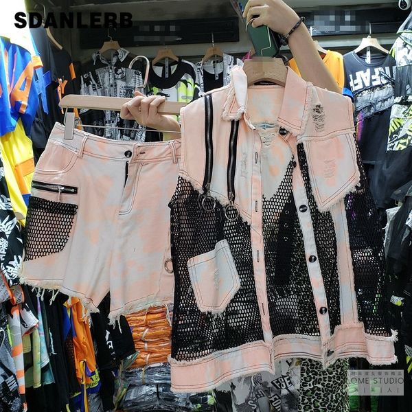 

denim sets for women 2020 summer women's new mesh stitching denim vest + shorts pants leisure twopiece set female outfit, White