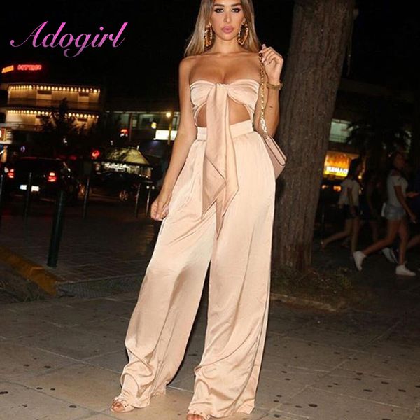 

women two piece set silk bow slash neck crop outfits and wide long pants bodycon night club tracksuit for women, Gray