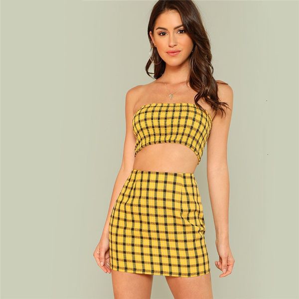 

women s clothing 2 piece set plaid print shirred crop and skirt set summer yellow beach two piece set vacation sets, White