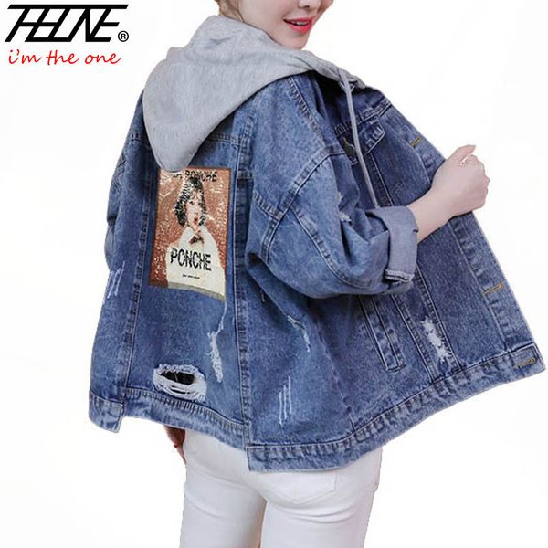 

thhone autumn fall ripped denim jackets coats women plus size hoooded fashion overcoat chaqueta mujer veste femme jeans jacket, Black;brown