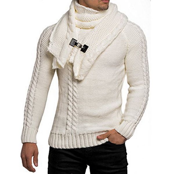 

2019 men sweaters casual neck pullover sweaters autumn slim fit long sleeve cable knitwear with scarf winter, White;black