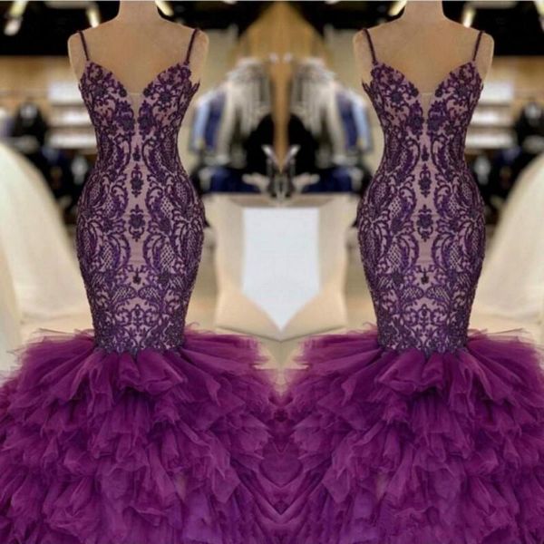 

purple mermaid prom dresses spaghetti straps tiered skirt tulle lace celebrity evening dress floor length party gowns vestido de fiesta, Black;red