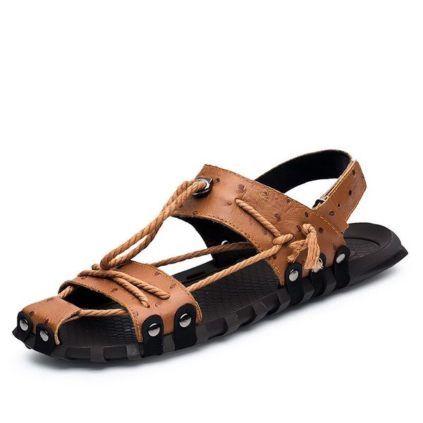 

men sandals 2019 genuine leather fisherman shoes summer casual outdoor sandals fashion male leather, Black