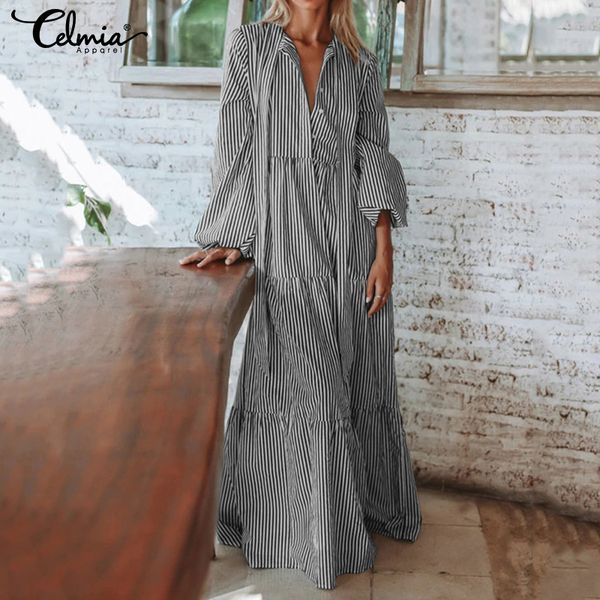

celmia women striped maxi long dress robe female lantern sleeve bohemian dresses casual loose tie pleated shirt vestidos s-5xl, Black;gray