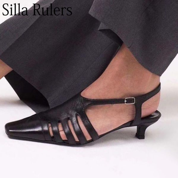 

2020 new retro style square toe gladiator woman cat heels one strap hollow out summer shoes ladies party shoes mujer 2020, Black