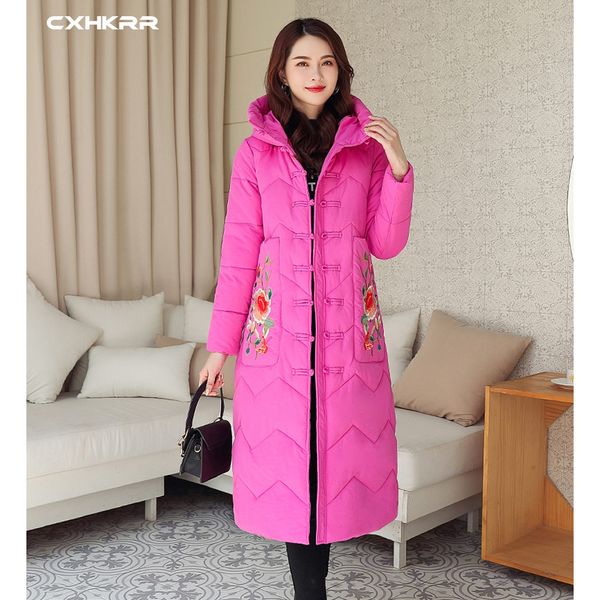 

cxhkrr 2019 chinese style retro embroidered long parka middle-aged mother retro winter women's buckle long cotton, Black