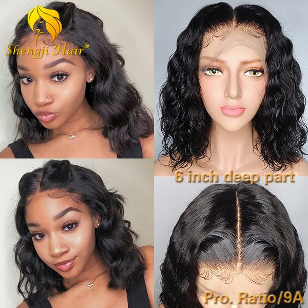 

9a wavy lace front wig 13x6 brazilian short bob lace front human hair wigs for black women shengji remy hair wig with baby, Black;brown