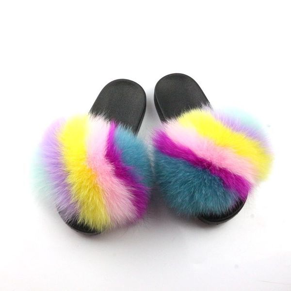 

wholesale custom large gross fluffy slide slide sandals full female real fox fur slippers, Black