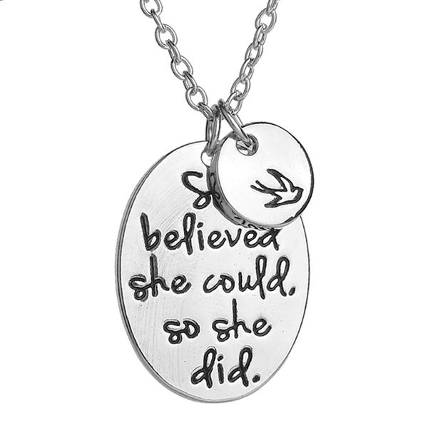 

jg1 hand stamped "she believed she could so she did" disc swallow charms pendant necklace for women friends inspirational jewelry, Silver