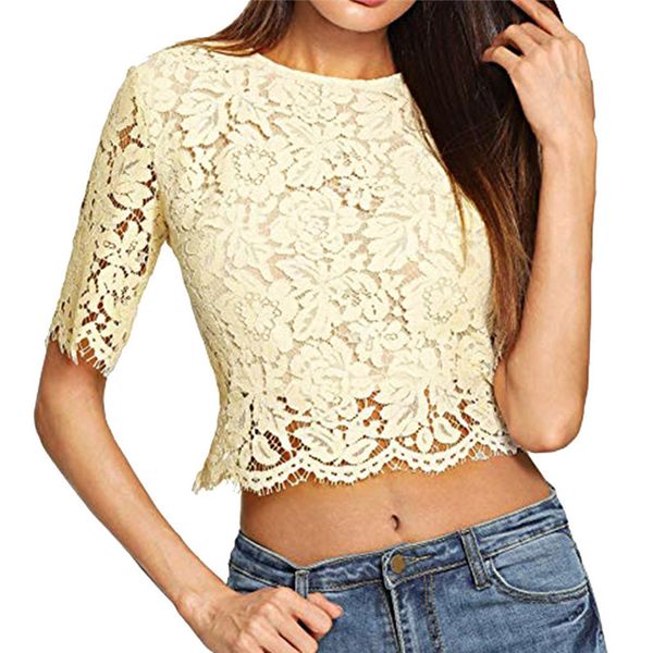 

ladies solid short sleeve o-neck lace polyester lady blouses women blouses girl shirts fashion shirt haut femme 2019, White