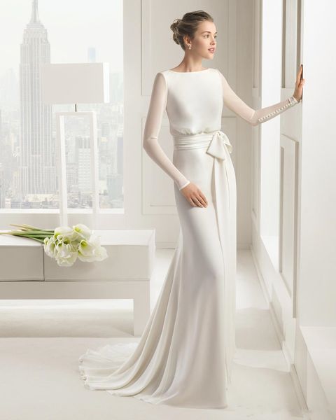 

2019 new design charming long sleeves chiffon satin wedding dresses white scoop floor-length formal gowns vestdo de novia