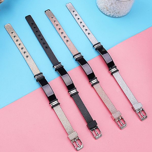 

women men bangle 4 colors watch band design stainless steel net band cool black bar charm male jewelry adjustable length, White