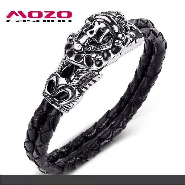 

мода мужчины ювелирные изделия черный двойной слой кожаный браслет из нержавеющей стали череп панк браслет-оберег pulseras ps1011, Golden;silver