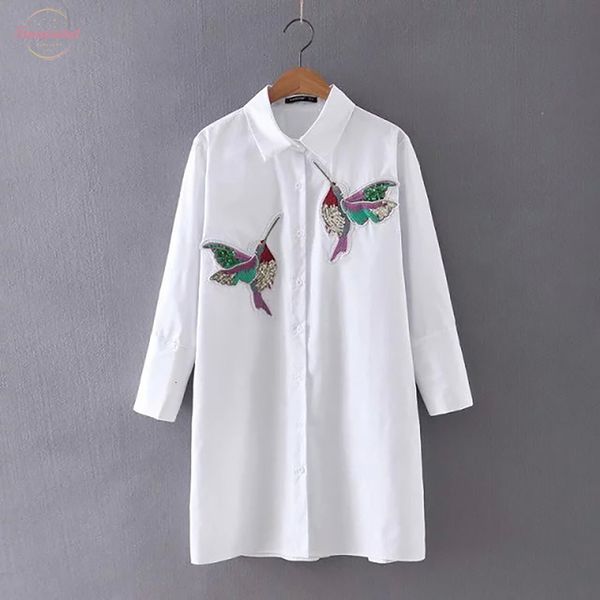 

bird animal print embroidered blouse women fashion long sleeve white turn down collar shirt women chemisier femme