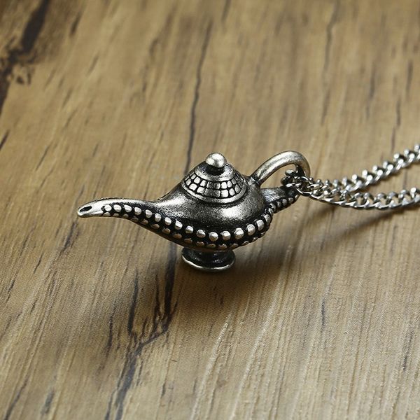 

vintage stainless steel aladdin's genie magic lamp inspired pendant necklace for men arabian nights charm special jewelry 24 in, Silver