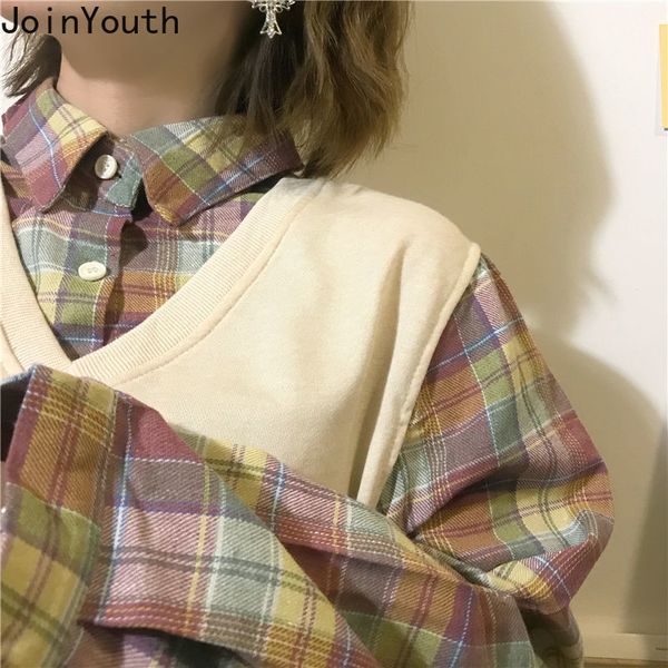 

joinyouth plaid blouse patchwork pullover sweatshirt fake two pieces women sweet hoodies 2019 autumn new jumpers 56700, Black